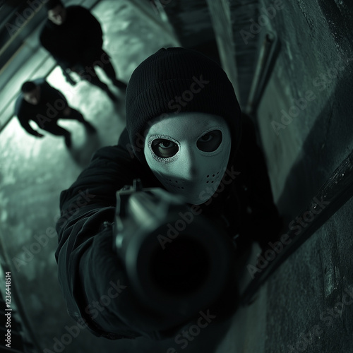 Fisheye view of masked criminal aiming shotgun with accomplices waiting in background, depicting urban crime and danger