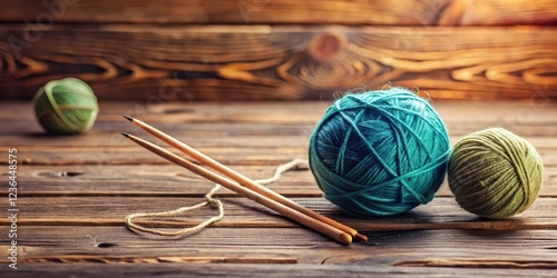 Ball of yarn on a wooden table with knitting needles and a ball winder , needles, knitting