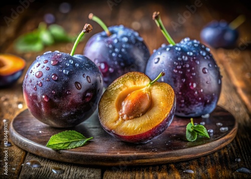 Macro shot: glistening damsons, water droplets clinging to plump summer fruit on rustic wood. photo