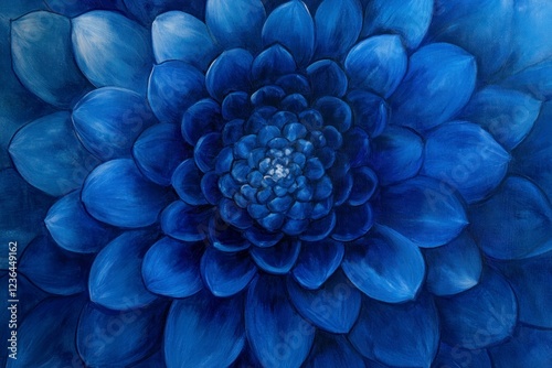 Close-up of the center part of an all-blue flower, with petals that radiate like petal-shaped rings. The background is a soft gradient from light to dark blue.  photo