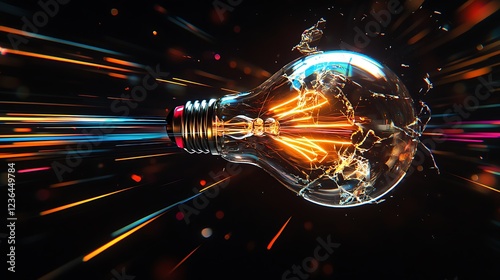 A stunning capture of a bulba??s fragile glass shell breaking apart, glowing filaments surrounded by a storm of colorful light streaks against a black background.