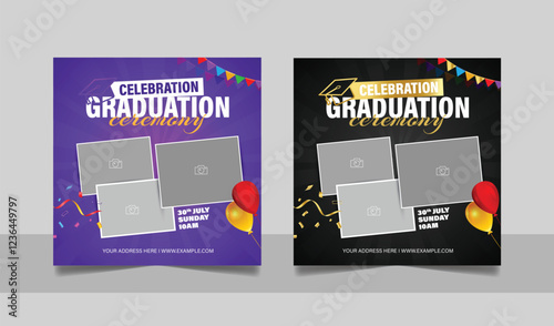 Graduation event greeting social media post education celebration square flyer wishes banner template with photo frame design set
