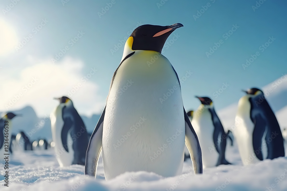 Fototapeta premium Emperor penguin in the foreground, with a group of penguins against a backdrop of a bright blue sky and snowy landscape, highlighting the majestic wildlife of Antarctica.