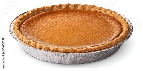 Pumpkin pie in tin, isolated on white, for food ads, background is clear.