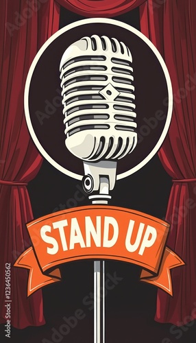 A vintage-style microphone stands proudly against a backdrop of rich red curtains, exuding a vibrant energy perfect for comedy. The bold Stand Up banner below invites laughter and entertainment