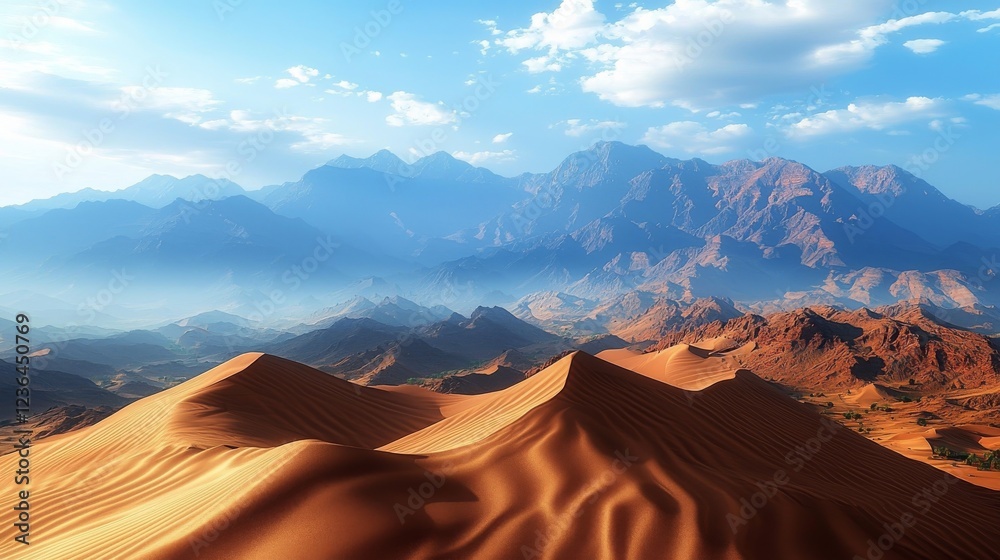 Fototapeta premium A stunning desert landscape featuring rolling sand dunes, majestic mountains in the background, and a captivating sky with clouds.