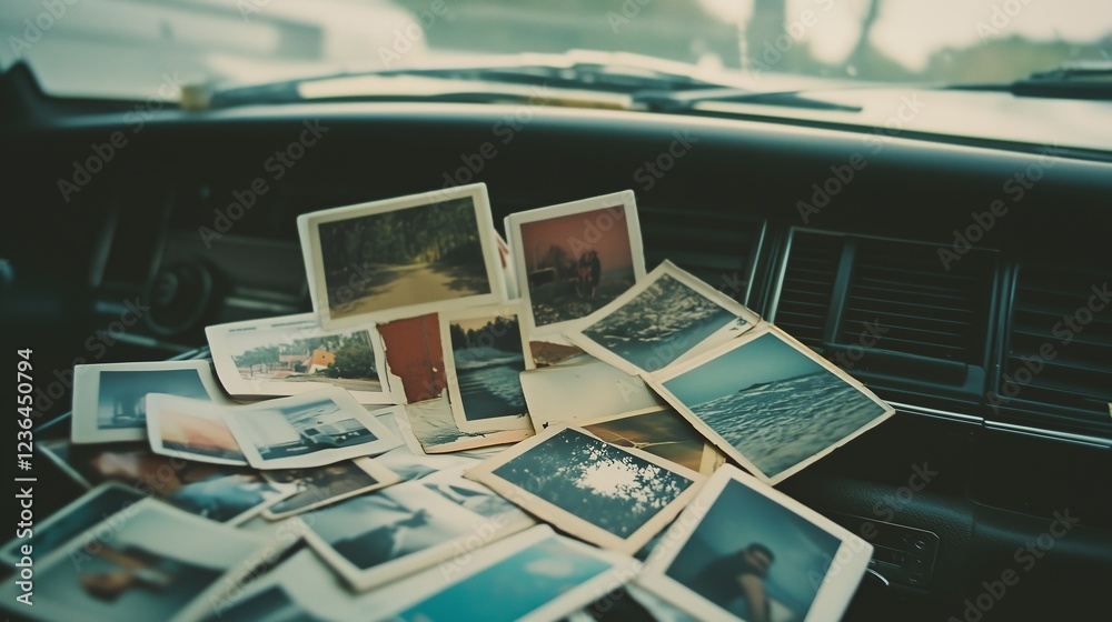 Obraz premium A collection of vintage photographs lies scattered across a car dashboard, capturing past road trip adventures, as raindrops blur the windshield, evoking a deep sense of nostalgia and wanderlust