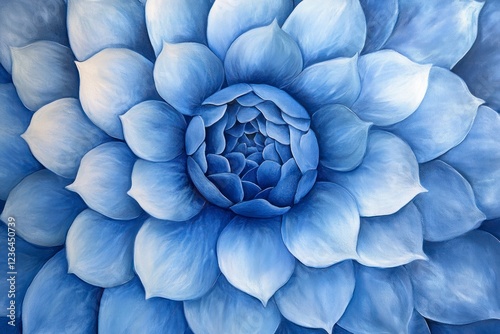 Close-up of the center part of an all-blue flower, with petals that radiate like petal-shaped rings. The background is a soft gradient from light to dark blue.  photo