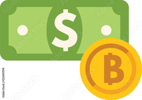 This financial icon shows a bitcoin replacing a dollar, as a symbol for cryptocurrency replacing fiat currency