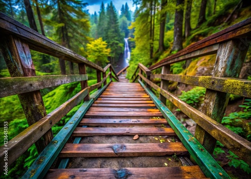 Rustic Wooden Staircase Leading to Magpie Falls, Wawa, Ontario, Canada photo