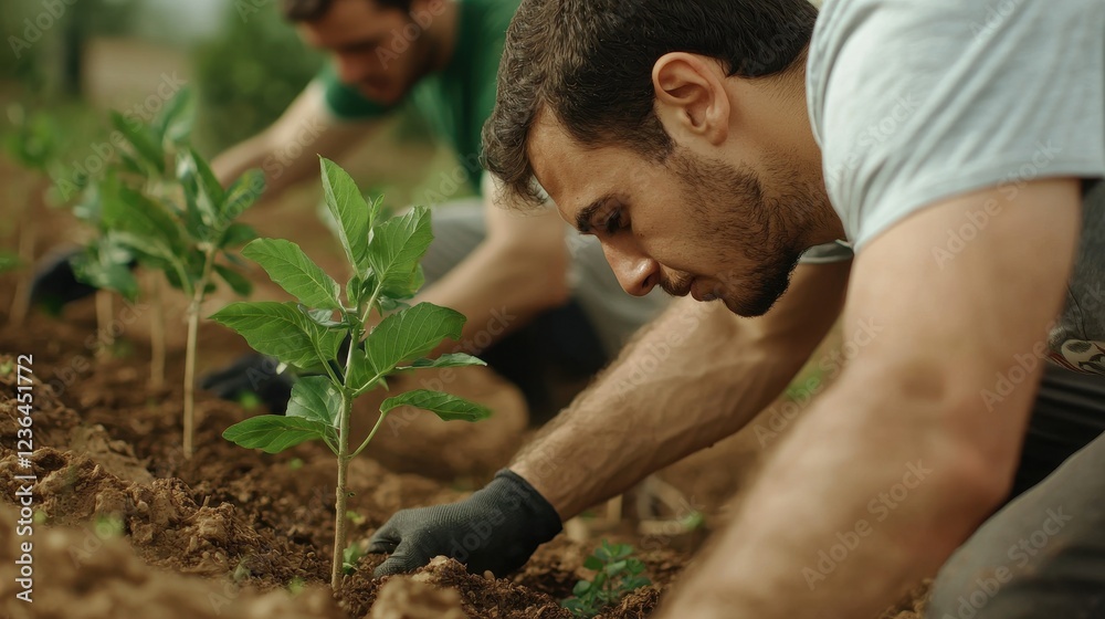 Fototapeta premium Young men actively planting seedlings in a vibrant farm setting