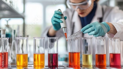 Laboratory Scientist Conducting Experiment with Colorful Solutions photo