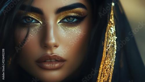 A lovely dark skinned Arabic woman with mesmerizing gold eyeliner wearing a sleek black hoodie