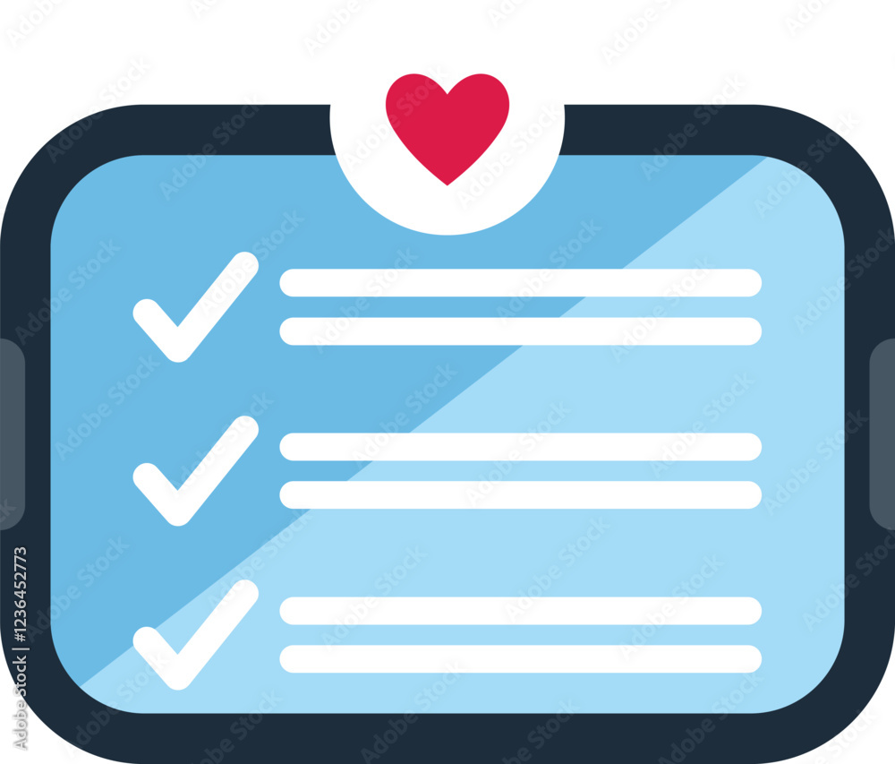 Smartphone is displaying a completed checklist with a heart, symbolizing the achievement of goals with love and care Smartphone is displaying a completed checklist with a heart, symbolizing the achievement of goals with love and care