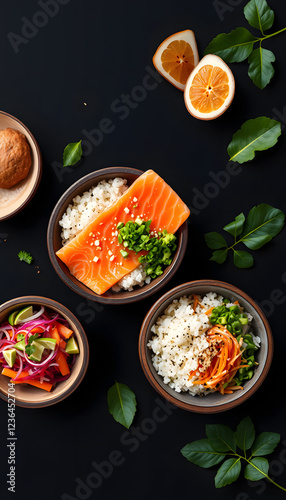 Poke bowl with raw salmon fish, chuka salad and rice in coconut bowls on black background, banner, low-poly. isolated with white shades photo