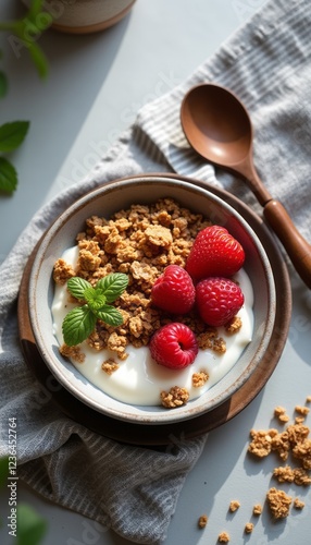 Wallpaper Mural A beautifully arranged bowl of creamy yogurt is adorned with vibrant raspberries and crunchy granola, creating a delightful breakfast scene. The natural light enhances the freshness of the ingredients Torontodigital.ca