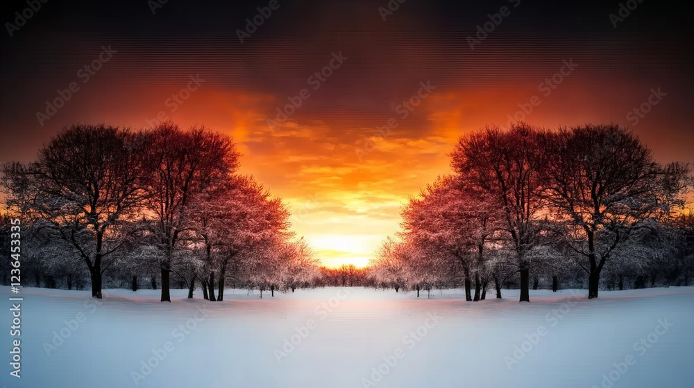Fiery sunset over a snow-covered landscape. Silhouetted trees stand tall against the vibrant sky. Fiery sunset over a snow-covered landscape. Silhouetted trees stand tall against the vibrant sky.