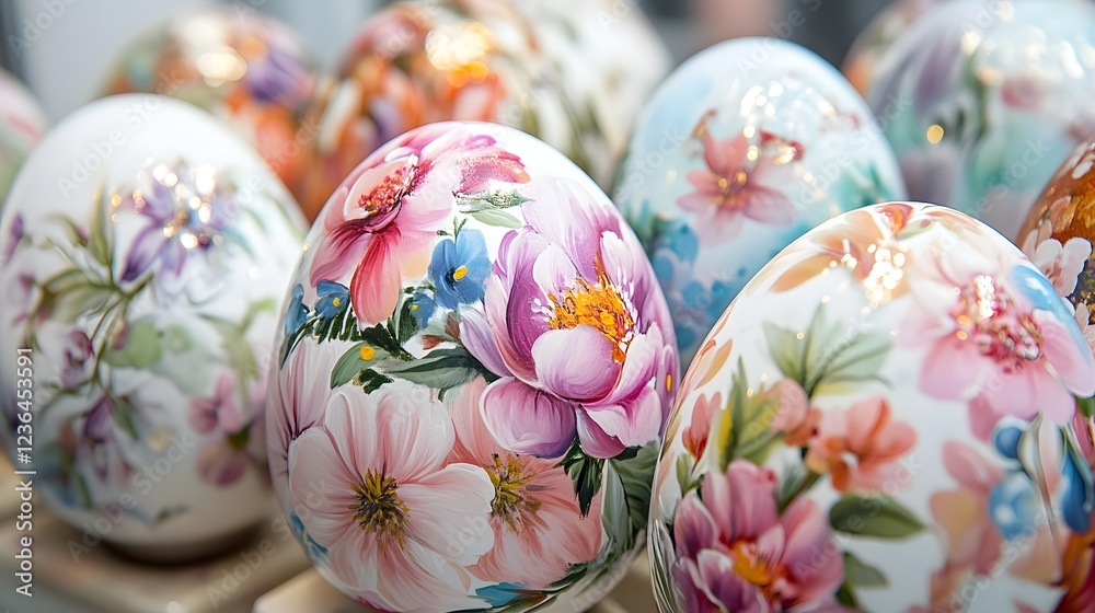 Fototapeta premium A close up view of beautifully decorated Easter eggs featuring intricate floral patterns vibrant colors and a design