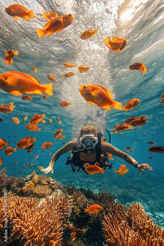 Beneath the surface, a diver explores vibrant coral reefs while surrounded by colorful fish