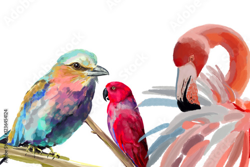 Иллюстрация Vibrant Exotic Birds Watercolor Illustration – Flamingo, Parrot, and Tropical Bird in Artistic and Colorful Style for Posters, Prints, Home Decor, Textile Design, Invitations, без названия