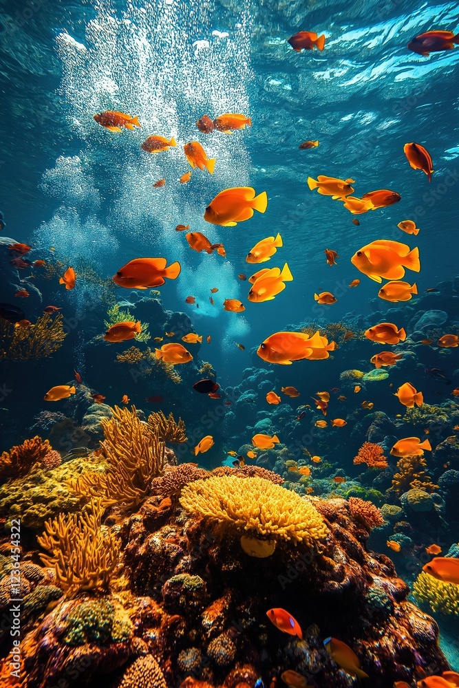 Naklejka premium Vibrant underwater coral reef teeming with orange fish in a clear blue ocean