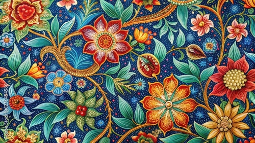 Intricate floral motifs in vibrant colors on traditional Malaysian batik fabric with geometric patterns and natural elements like leaves and stems , traditional, flowers