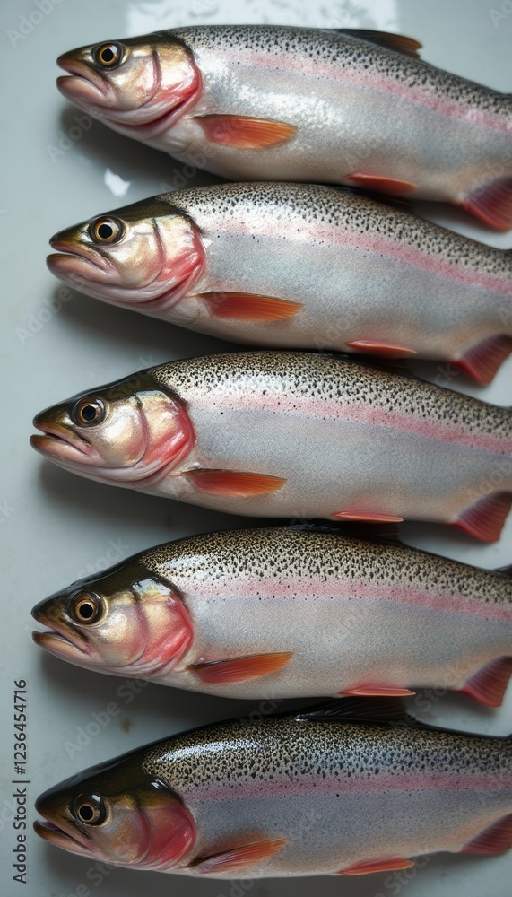 A stunning array of freshly caught rainbow trout showcases their vibrant colors and glistening scales, arranged neatly in a row. This image captures the essence of freshness and quality, perfect for A stunning array of freshly caught rainbow trout showcases their vibrant colors and glistening scales, arranged neatly in a row. This image captures the essence of freshness and quality, perfect for