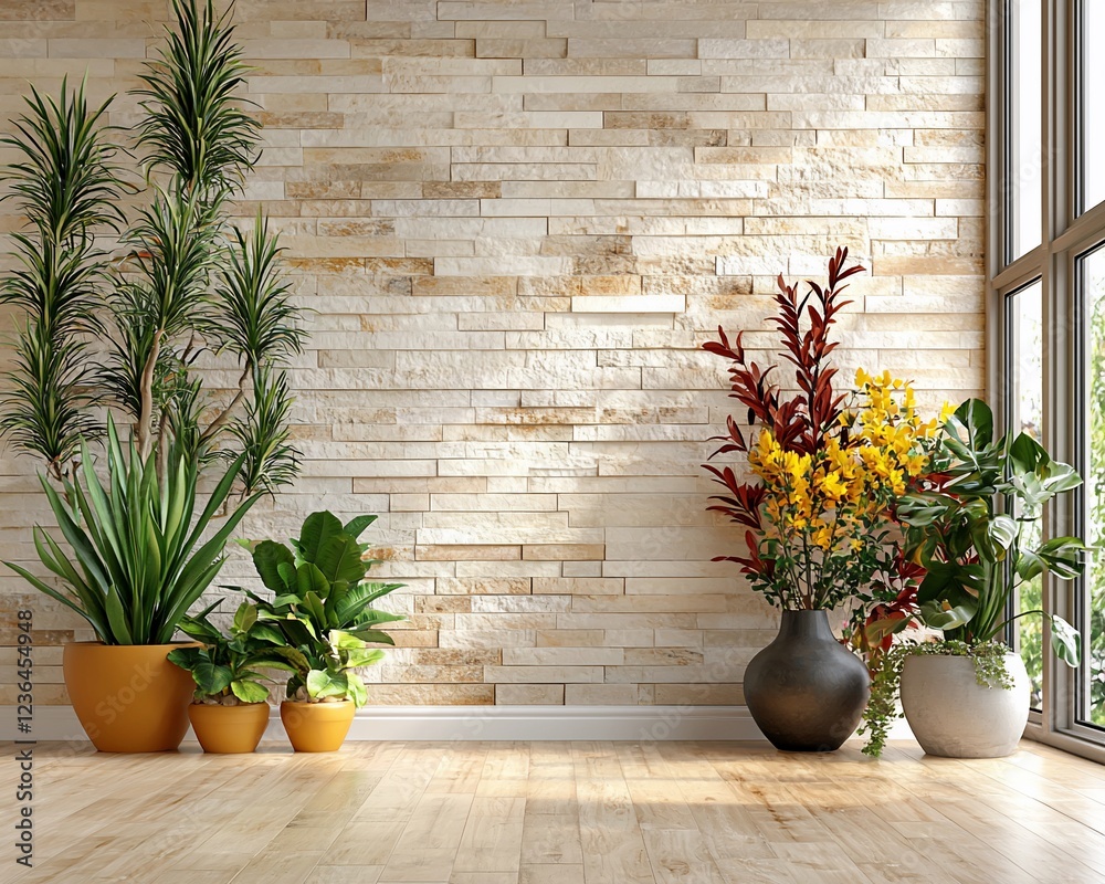 Fototapeta premium Sunlit room with stone wall, potted plants, and hardwood floor.