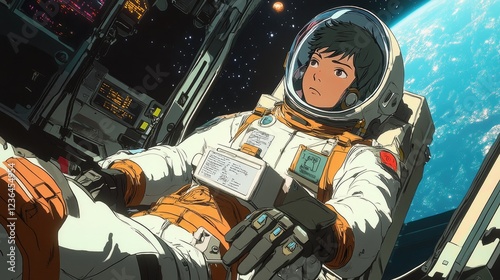 Astronaut gazing Earth, spaceship cockpit, space exploration, cosmic background, science fiction art