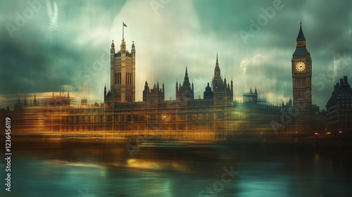 UK flag waving above Houses of Parliament and Elizabeth Tower in London with a dramatic sky in the background