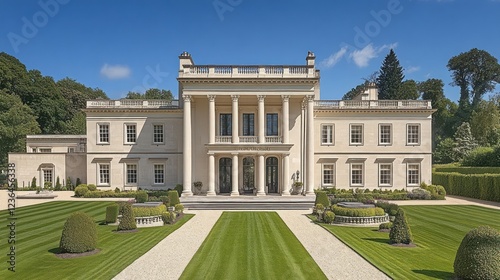 Grand Mansion, manicured lawns, sunny day, estate sale, luxury real estate photo