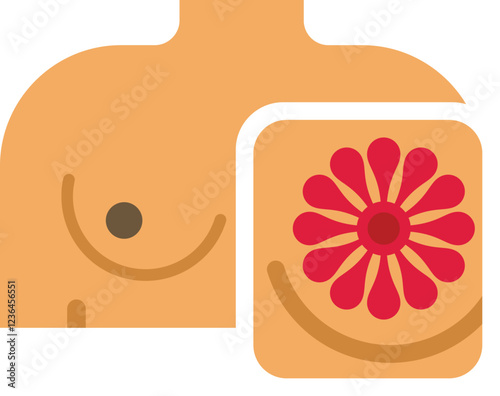 Illustration of a woman chest with a mammography result showing a fibroadenoma represented by a flower icon photo