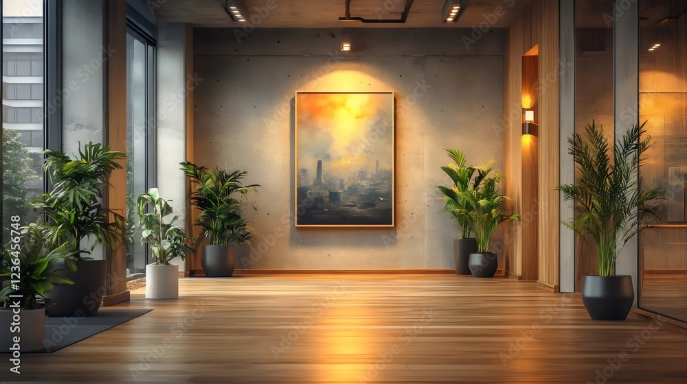 A large room with a painting on the wall and several potted plants A large room with a painting on the wall and several potted plants