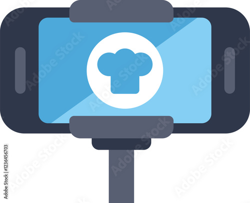 Smartphone showing chef hat icon attached to selfie stick is about food blogging and cooking tutorials