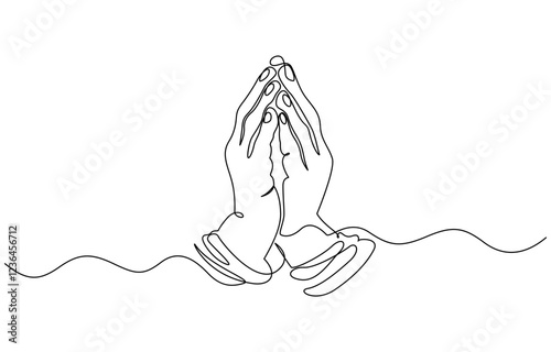 One line drawing praying hand worship religious vector illustration template design, Hand in Praying position or in Cultural Greeting Form Continuous one line drawing.