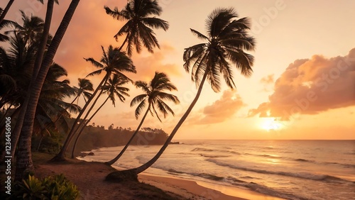 Serene Tropical Beach Sunset with Tall Swaying Palm Trees and Golden-Orange Glow for Travel and Relaxation
