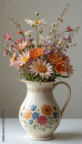 Wallpaper Mural Charming mixed flower arrangement in a ceramic pitcher set on a wooden table with a dark background Torontodigital.ca
