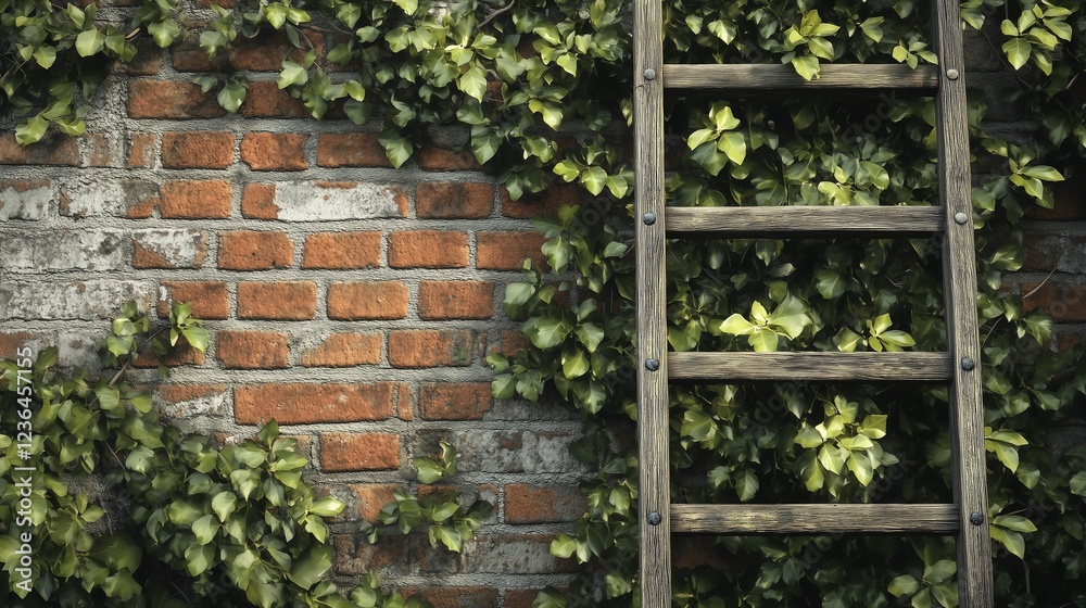 Antique wooden ladder leaning on an ivy-covered brick wall, creating a rustic and natural setting Antique wooden ladder leaning on an ivy-covered brick wall, creating a rustic and natural setting