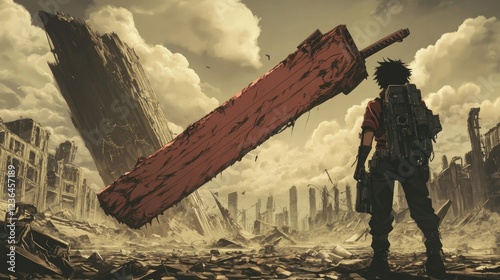 Post-apocalyptic warrior surveys ruined city, giant sword; concept art for game or film