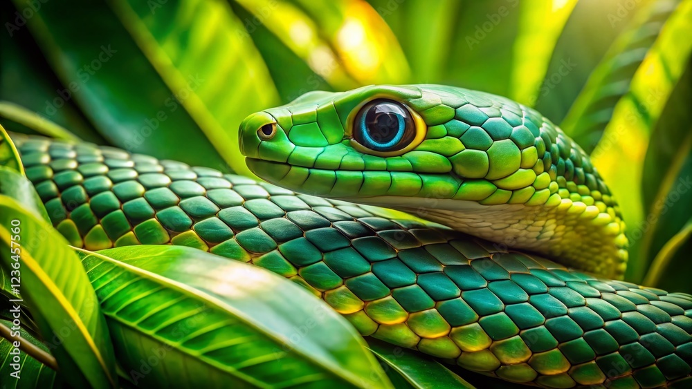 Vibrant Green Snake Close-Up in Lush Foliage - Panoramic Stock Photo Vibrant Green Snake Close-Up in Lush Foliage - Panoramic Stock Photo