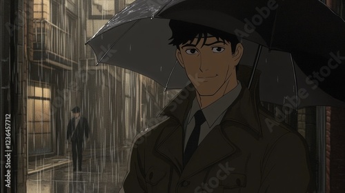 Man, rain, city, alleyway, umbrella, mysterious, animation, film,  detective, mood