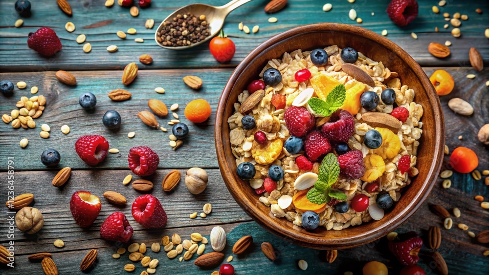 Fototapeta premium Vibrant Muesli Bowl with Dried Fruits and Nuts