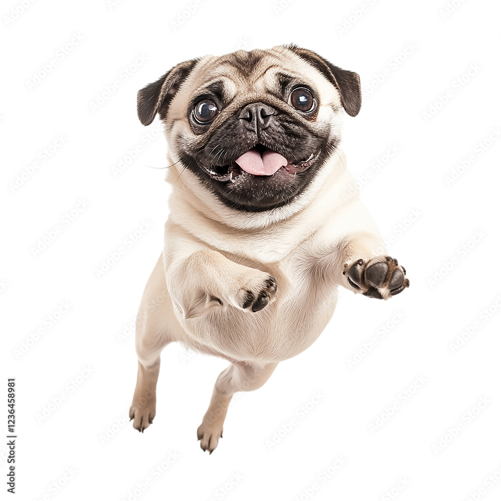 Obraz premium Happy Adorable Pug Dog Jumping Excited Playful Pet Canine Animal Portrait Photography Studio Background Isolated Funny Paw Cute Tail Face Pets Dogs 
