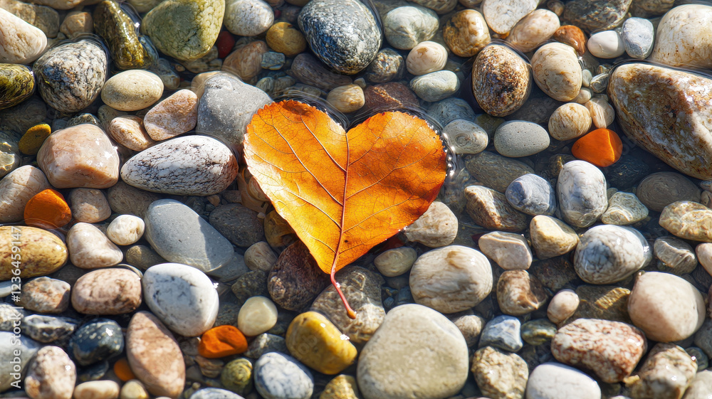 heart shaped leaf rests on smooth pebbles in clear water, creating serene scene heart shaped leaf rests on smooth pebbles in clear water, creating serene scene