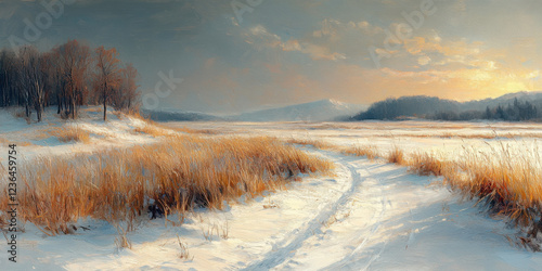Painting of a prairie landscape and grasses. Path leading through grassland scenery in winter.