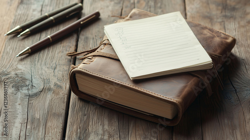 Leather Bound Diaries on Wooden Table Still Life