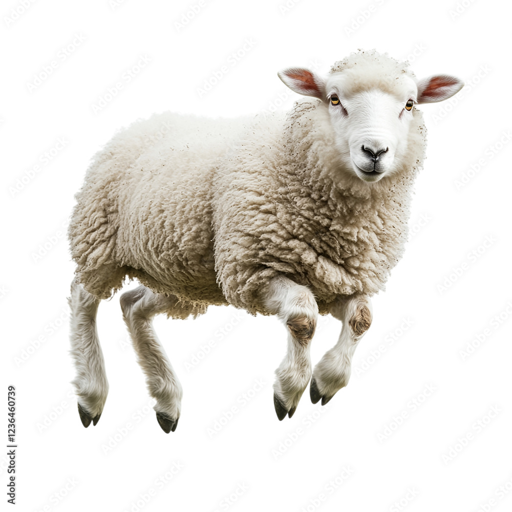 Fototapeta premium Fluffy Sheep Leaping High Action Shot Farm Animal White Wool Jumping Isolated transparent background Cute Adorable Spring Lamb Livestock Agriculture pet 