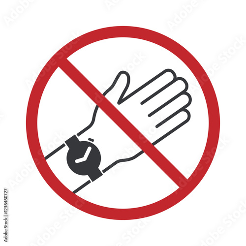 Isolated prohibition sing : do not wear watch, metal bracelet with illustration hand and smartwatch