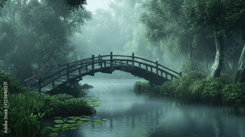 Misty morning, arched bridge over calm river, lush green forest, serene nature scene, ideal for meditation or relaxation