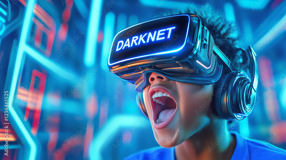 A young boy fully engrossed in a virtual reality experience, wearing a headset and headphones. Bright, colorful lights surround him, amplifying his enthusiastic reaction to the digital adventure